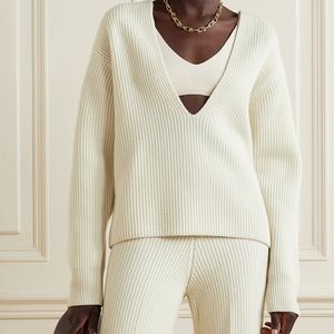 Frankie Shop Ribbed Knit Wool V Neck Sweater
